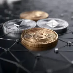 Złote monety z symbolem Bitcoina i Ethereum na tle sieci. Dowiedz się, jak inwestować w kryptowaluty i budować swoją cyfrową przyszłość.
