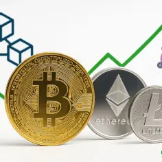 Złoty Bitcoin, srebrny Ethereum i Litecoin na tle rosnącego wykresu. Dowiedz się, jak zacząć inwestować w kryptowaluty.
