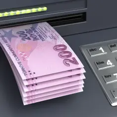 Banknoty 200 lir, czyli jaka waluta w Turcji, wychodzą z bankomatu.