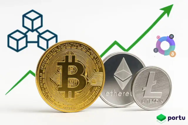 Złoty Bitcoin, srebrny Ethereum i Litecoin na tle rosnącego wykresu. Dowiedz się, jak zacząć inwestować w kryptowaluty.